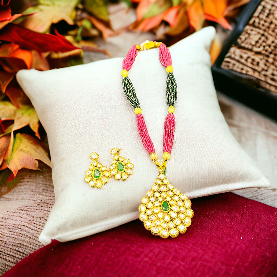 Unisex Kundan Pendant Long Neckpiece with Dark Green and Pink Beads & Beautiful Earrings | Traditional Jewelry Set
