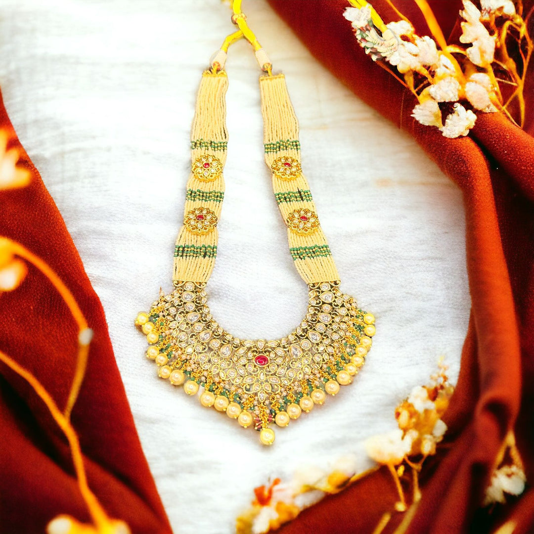 Gold-Plated Long Neckpiece with Kundan Work | Traditional Elegance
