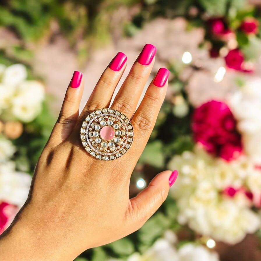 Kundan adjustable ring with baby pink stone in center