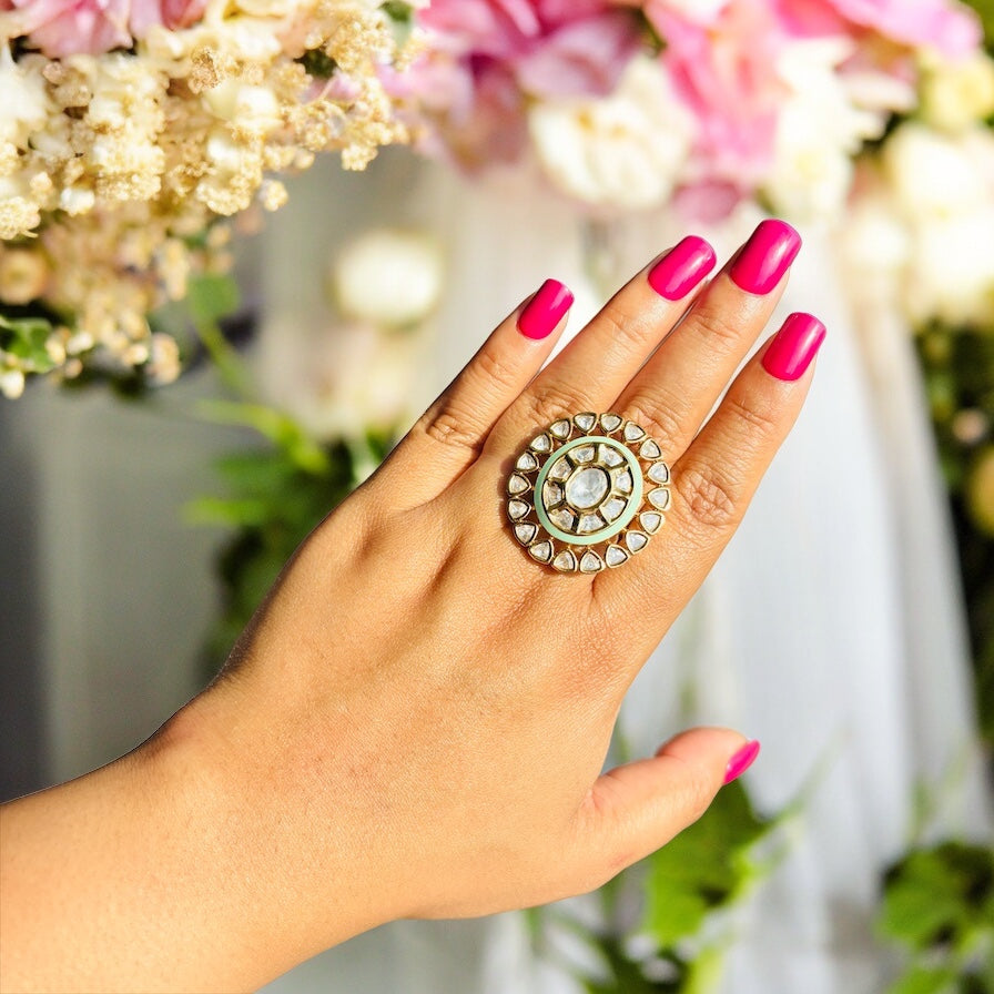 Oval shape kundan adjustable ring