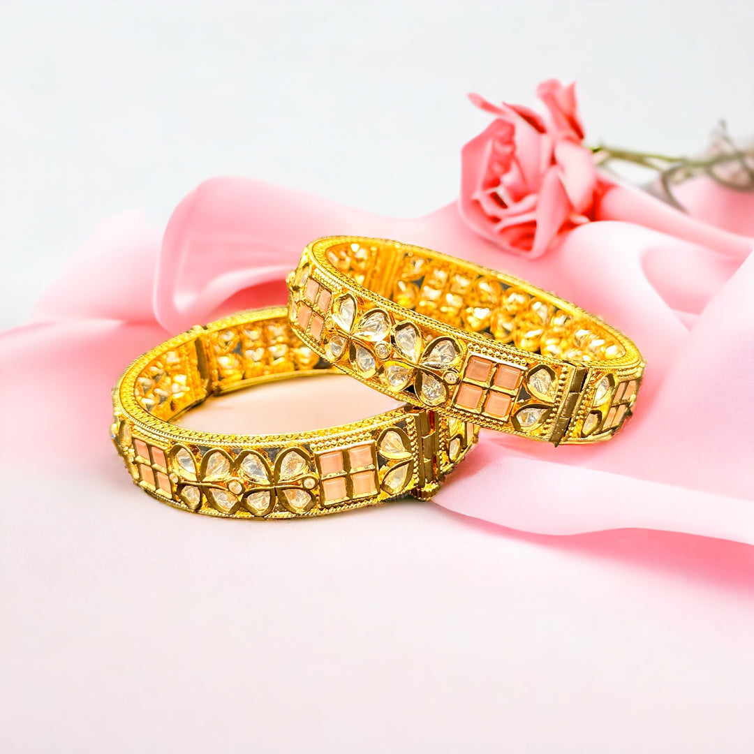Gold-Plated Kundan Bracelet with Baby Pink Semi-Precious Stones | Traditional Indian Jewellery