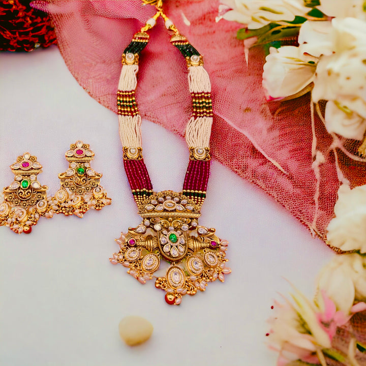 Gold-Plated Long Necklace: Intricate Traditional Jewellery Set with Beautiful Earrings