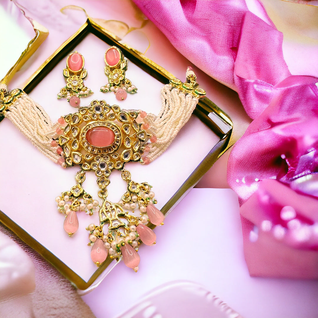 Kundan Jewellery Set with Light Pink Semi-Precious Stones and White Beads | Traditional Elegance