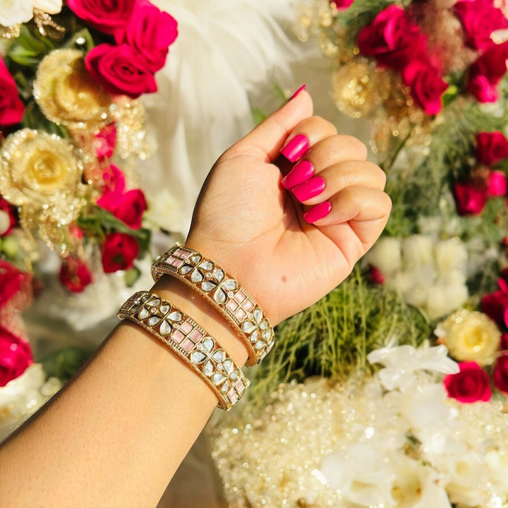 Gold-Plated Kundan Bracelet with Baby Pink Semi-Precious Stones | Traditional Indian Jewellery