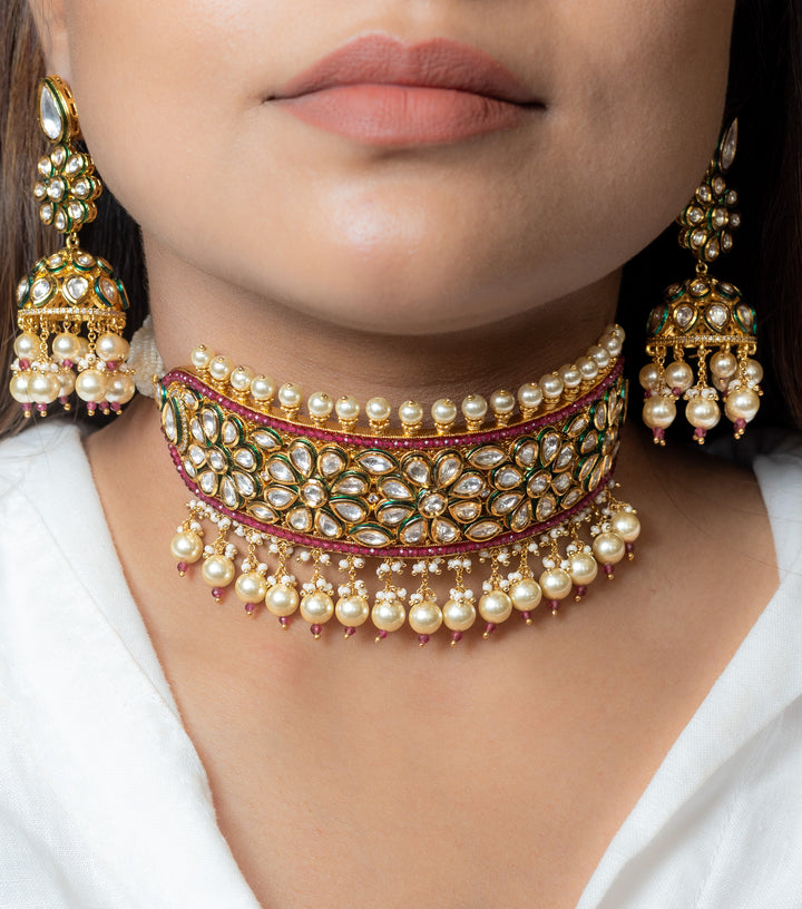 Kundan Choker with Red Semi-Precious Stones and Pearls | Stunning Earrings Included