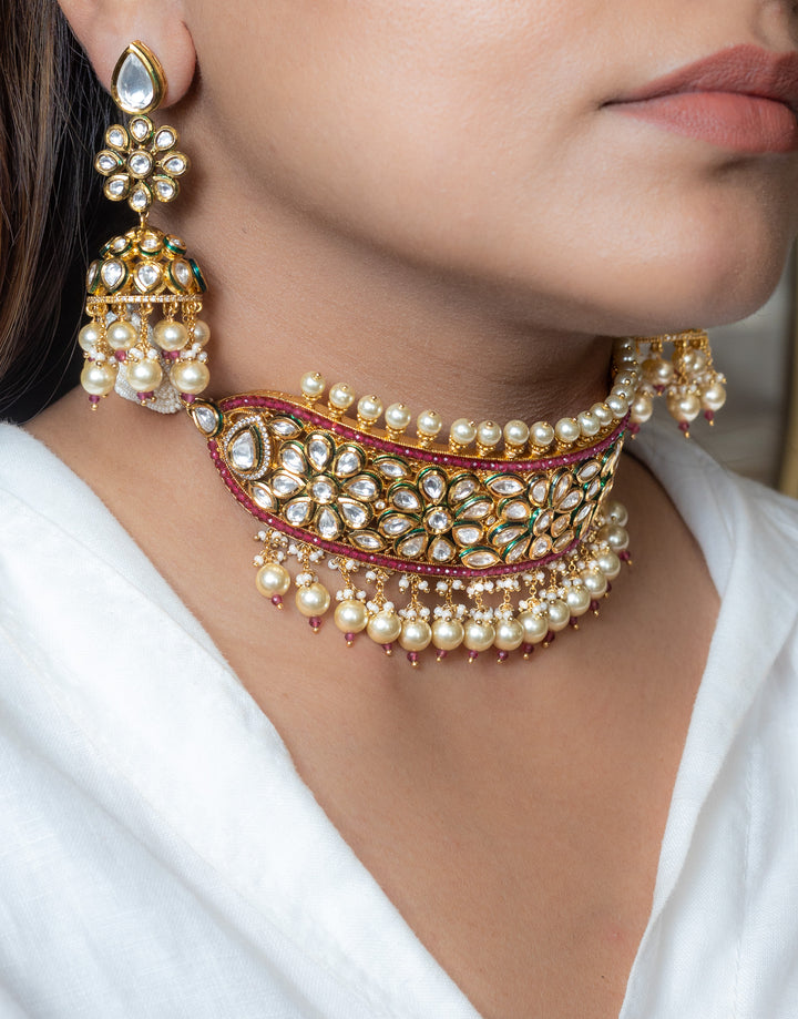 Kundan Choker with Red Semi-Precious Stones and Pearls | Stunning Earrings Included