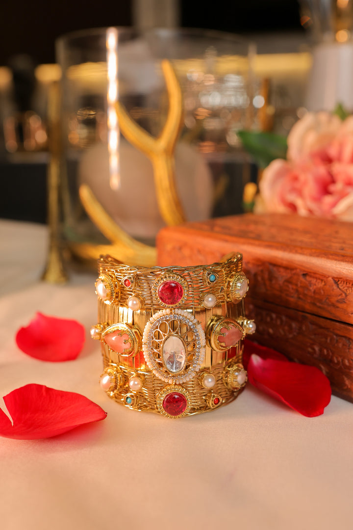 Rajwada Cuff | Heritage Gold Statement Bracelet-White colored beads