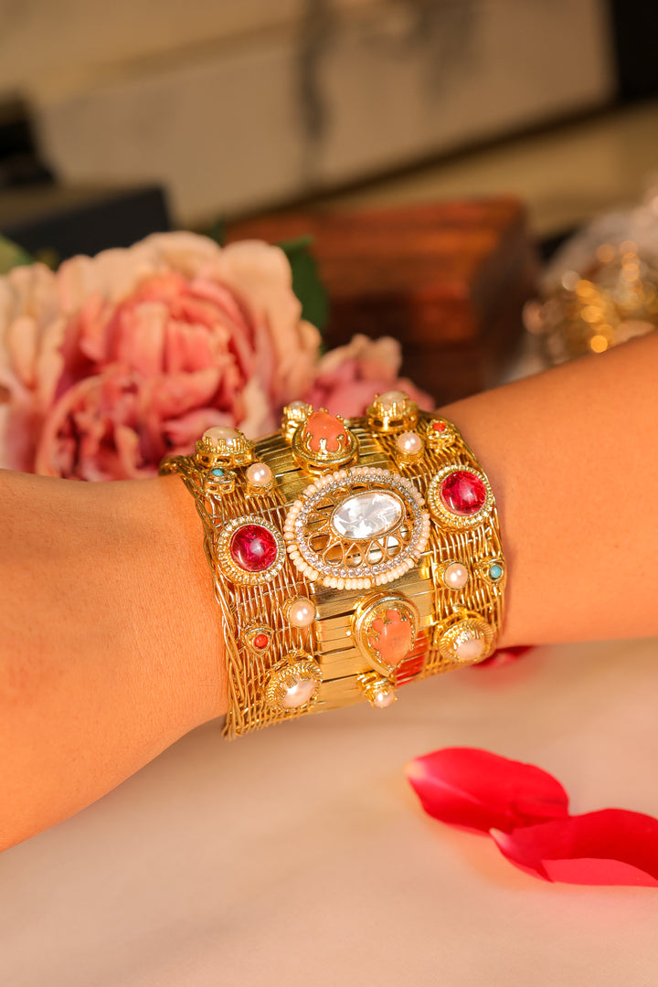 Rajwada Cuff | Heritage Gold Statement Bracelet-White colored beads