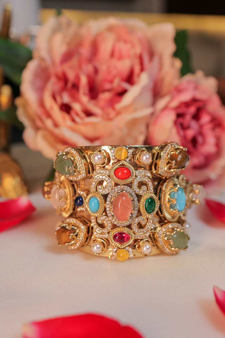 Virasat Cuff | Heritage Multigem Statement Gold Bracelet