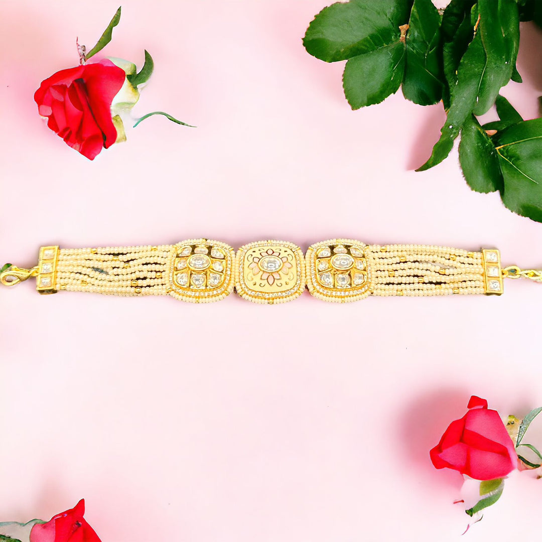 Kundan Bracelet with baby pink Meenakari work and Small Pearls