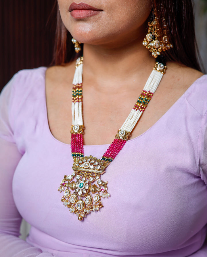 Gold-Plated Long Necklace: Intricate Traditional Jewellery Set with Beautiful Earrings