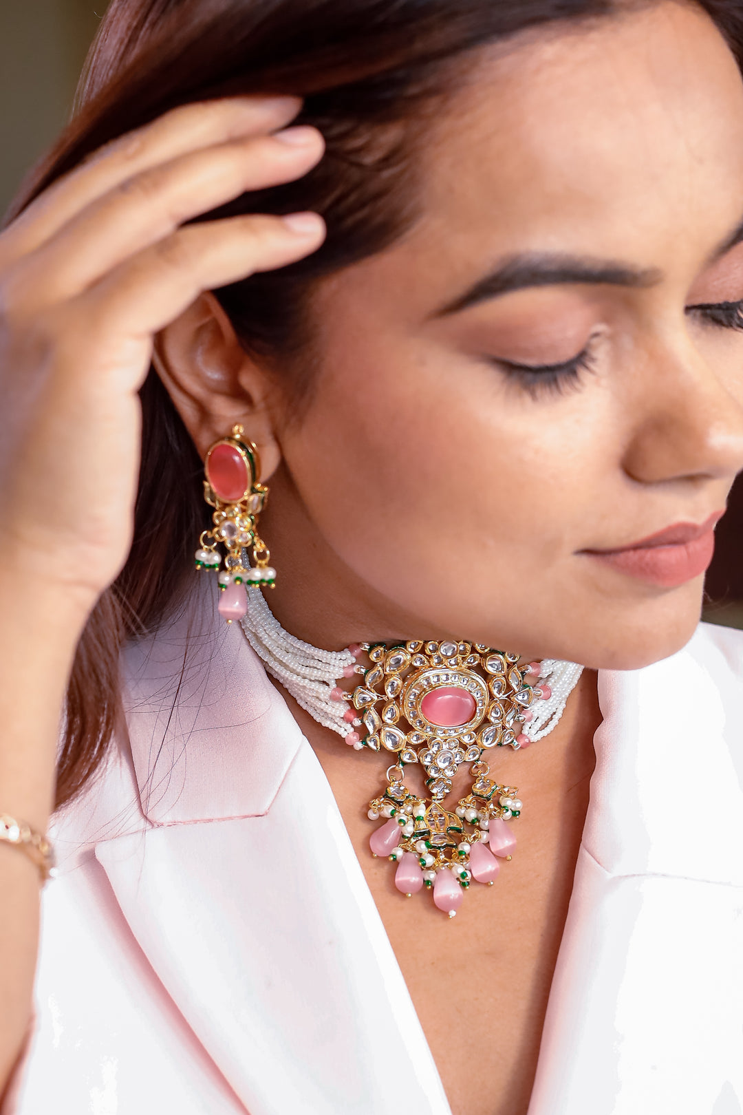 Kundan Jewellery Set with Light Pink Semi-Precious Stones and White Beads | Traditional Elegance