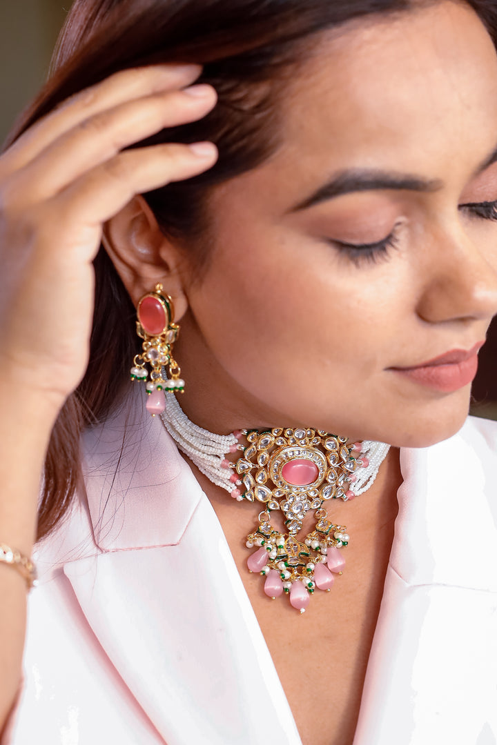 Kundan Jewellery Set with Light Pink Semi-Precious Stones and White Beads | Traditional Elegance