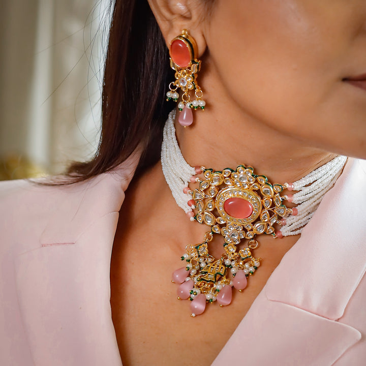 Kundan Jewellery Set with Light Pink Semi-Precious Stones and White Beads | Traditional Elegance