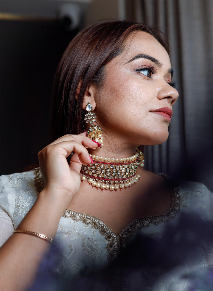 Kundan Choker with Red Semi-Precious Stones and Pearls | Stunning Earrings Included