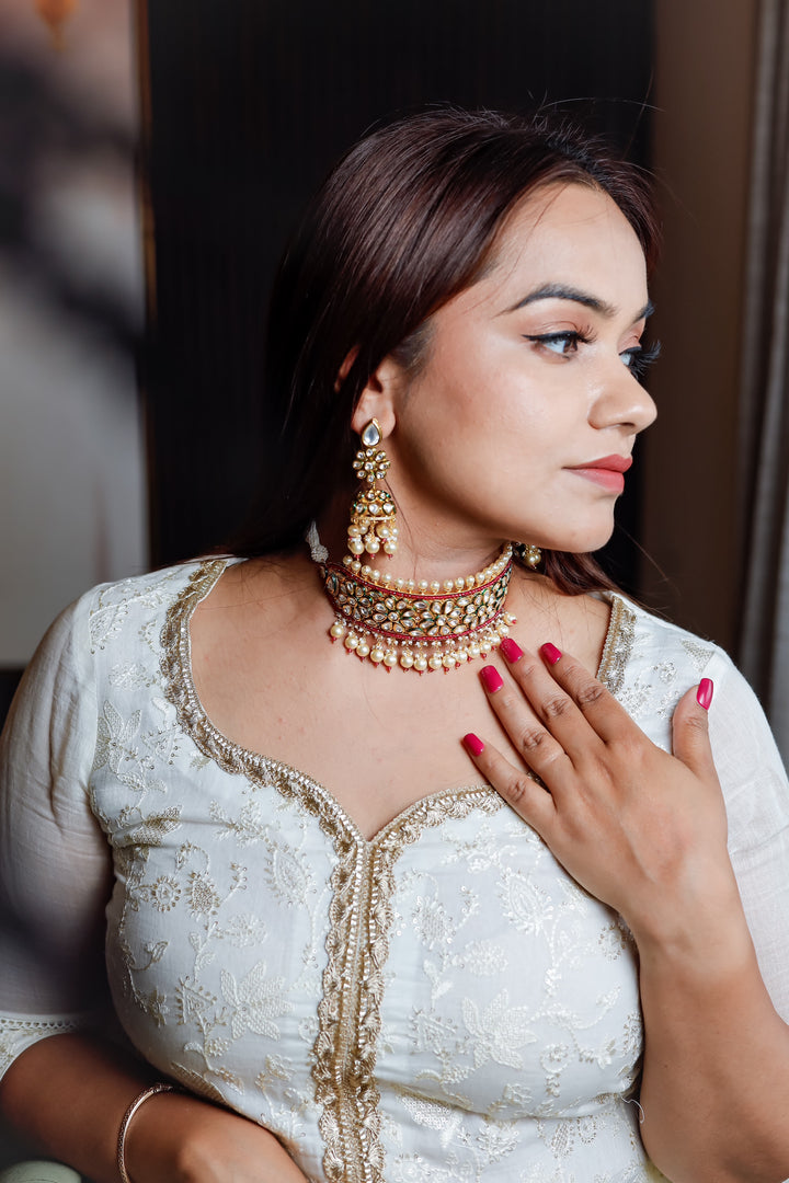 Kundan Choker with Red Semi-Precious Stones and Pearls | Stunning Earrings Included